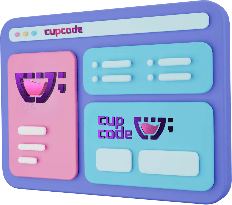 O site da Cupcode com um fundo azul e algumas interfaces da Cupcode.