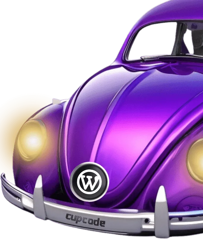 Um carro com estilo do fusca, todo roxo metalizado, com faróis que acendem em uma animação. na frente do capô, tem o logotipo da Cupcode.